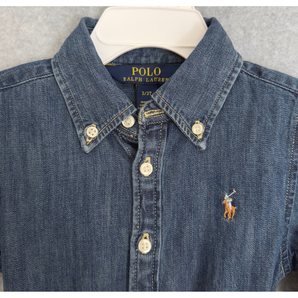 Polo Ralph Lauren Denim Shirt Dress Girls 3/3T Blue Belted Long Sleeve Pony Logo - Picture 2 of 6